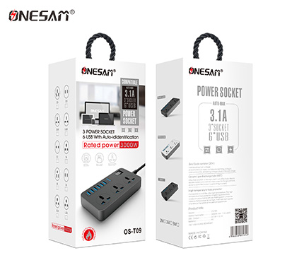 ONESAM T09 6 usb with 3.1A auto-id identification 3000W rated 3 power socket
